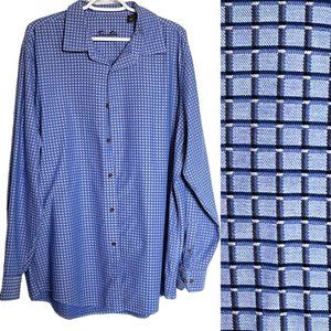 Tasso Elba Blue Micro Grid Print Cotton Button Front Long Sleeve Shirt Size XXL